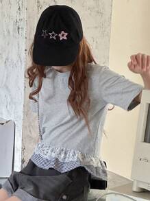 Dazy Kids 少女基本款休闲T恤，蕾丝和格子下摆拼布 - 灰色 - 查看 4