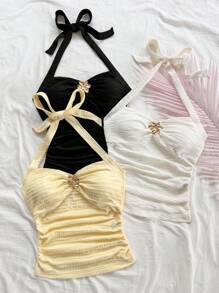 Soleia 3 件套女士无袖 V 领花朵金属扣针织工字背心，白色、黑色、黄色，适合度假、音乐节、波西米亚风、节日、约会下午茶 - 彩色 - 查看 3