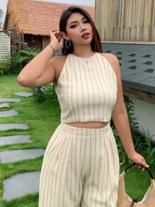 Dazy Plus 2 Pieces Set Crew Neck Cropped Tank Top & Loose Striped Pants