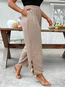 SHEIN LUNE 大码休闲纯色锥形裤 - 卡其色 - 查看 5