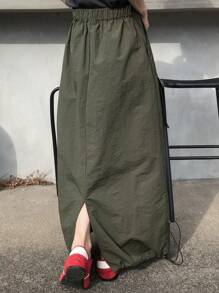 FRIFUL Women's Green Elastic Waist Big Pockets Slit Hem Drawstring Utility Skirt, Casual Vacation & Airport