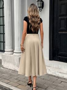 Pariaura Women's Khaki Casual Long Woven Fabric Pleated Skirt With Zipper Detail Elegant Skirt Elegant Midi Skirt Women Clothing Elegant Fall Cloth For Women