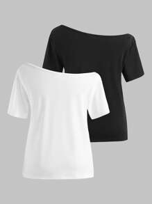 2pcs/Set Tween Girls Casual Solid Color Asymmetric Collar T-Shirt, Versatile For Summer - Multicolor - View 2