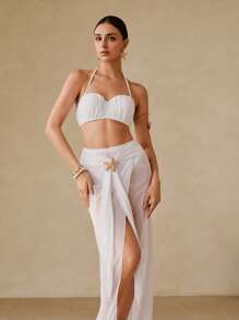 Swim Oasis Conjunto de 3 piezas de traje de baño para mujer - Traje de playa de color liso de alta gama con detalles metálicos - Blanco - Ver 4
