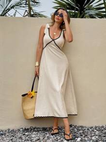 SHEIN Frenchy Đầm midi không tay phối màu cho nữ - Màu be - Xem 4