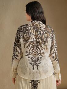 Anewsta Plus Size Women Elegant Jacquard Printed Button Long Sleeve Blouse, Casual Regular Fit Regular Version - Apricot - View 2