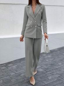 EURMUSE Women's Simple Commuter Double-Breasted Lapel Suit Blazer And Suit Pants Set - Light Grey - View 1
