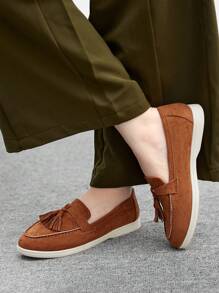 CUCCOO BIZCHIC 棕色流苏花卉一脚蹬平底鞋，优雅休闲简约舒适一脚蹬鞋，百搭办公室/正式场合穿着，适合女性