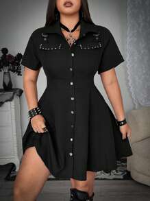 Whyspr Plus Size Women Grunge Punk Style Waist Cinched Short Sleeve Simple Mini Dress - Black - View 3