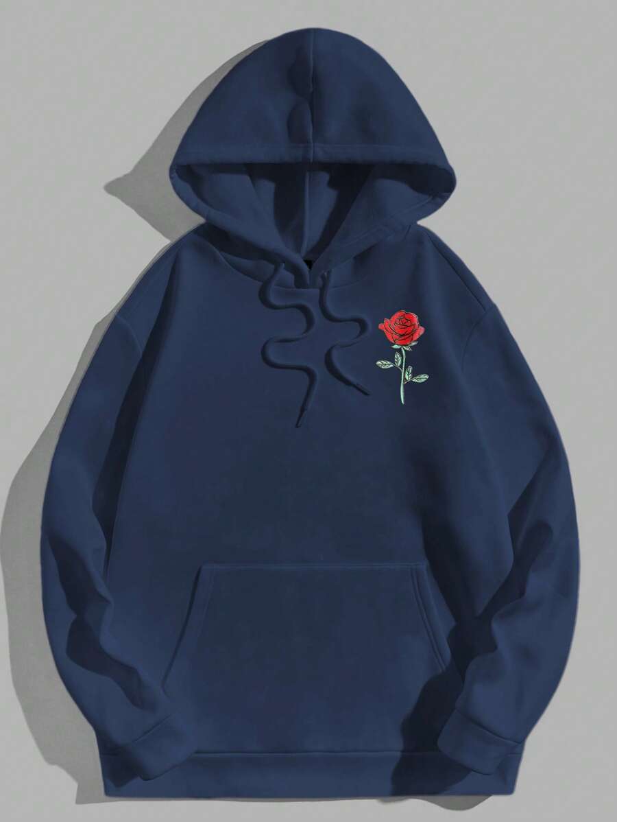 SHEIN Cottnline Men Rose Embriodery Regular Hoodie Sweatshirt - Navy Blue - View 1