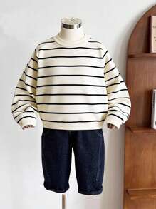 SHEIN 可爱休闲百搭黑白条纹弹力长袖圆领毛衣，适合儿童，适合幼儿园