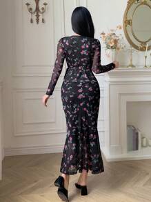 DAZY 2 Stücke Blumen-Mesh-Kleid-Set mit V-Ausschnitt und Taillenraffung, eleganter Damenstil - Schwarz - Übersicht 2