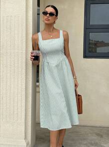 Siren Gaze Women Striped Printed Square Neck Sleeveless Mid-Calf Dress, Summer