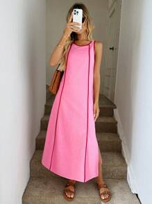 Easowa 无袖圆领连衣裙，粉色侧开衩下摆，浪漫度假风格，适合休闲、浪漫、日常通勤穿着，春夏季母亲节女士夏季连衣裙婚礼宾客连衣裙女士度假服装女士茶会连衣裙婚礼宾客连衣裙女士优雅连衣裙女士露肩连衣裙茶会连衣裙女士连衣裙优雅礼服 - 玫紅色 - 查看 3