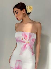 Aloruh Women's Elegant Vacation Tight Bandeau Lily Floral Print Maxi Dress, Suitable For Beach/Resort/Elegant/Romantic Date/Music Festival/Spring Break Suitable For Going Out Chic Dress - White - View 4