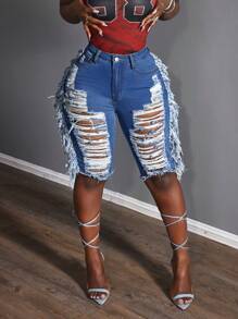 Slaydiva 女式蓝色破洞高腰牛仔短裤（夏季） - 中等水洗藍 - 查看 4