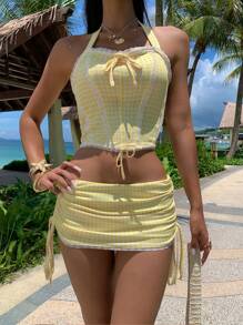 SHEIN EZwear 2 件套女士露背上衣和迷你裙套装，夏季时尚，海滩