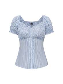 Zielony 女式休闲春夏纯色大V领纽扣衬衫 - 藍色 - 查看 8