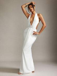 Hauture Women Sexy Summer Sleek Long White Halter Deep Front Knit Maxi Mermaid Dress - White - View 4