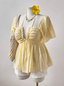 Sweetra Plus New Elegant Sexy Beach Vacation, Textured Deep Shirred Ruffled Strappy Blouse With Puff Sleeves, Waist Cinching, Boho Style Vacation