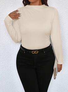 SHEIN PETITE 大码女式休闲纯色褶皱长袖T恤 - 米色 - 查看 3