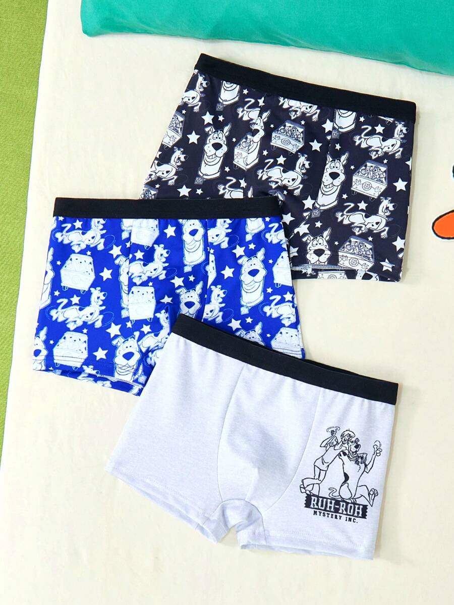 SCOOBY-DOO X SHEIN 3pcs Young Boy Cartoon Pattern Contrast Tape Waist Boxy Briefs,Basic Comfortable Casual ,Soft,Black,Blue,Grey,