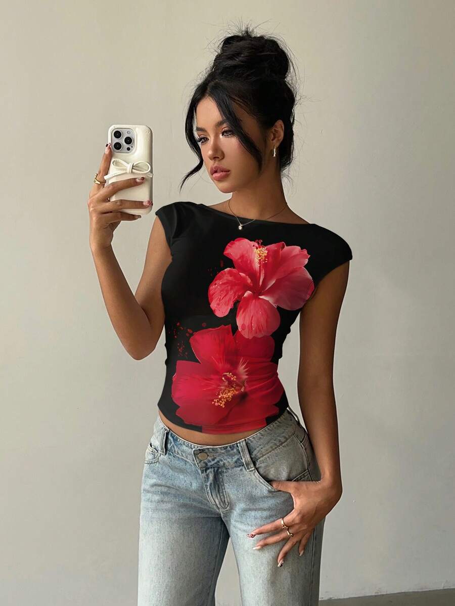Aloruh 女士性感露背花卉图案短袖T恤，适合夏季上衣 - 黑色 - 查看 1