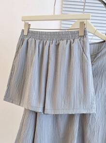 2pcs Women's Solid Color Drop Shoulder Long Sleeve Button Half Placket Top And Shorts Set