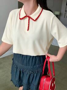 Dazy Plus 女童撞色领Polo衫宽松休闲短袖T恤 - 杏色 - 查看 5