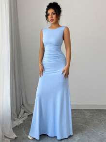 Selianne 女士优雅长款无袖圆领 A 字形连衣裙，斜腰褶饰细节，蓝色针织面料，春夏 - 藍色 - 查看 4