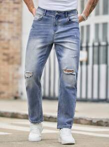 Manfinity VCAY 男士休闲破洞弹力锥形牛仔裤 - 藍色 - 查看 6