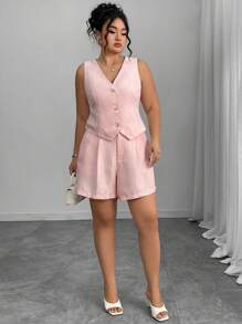 Elenzga 2pcs Women Plus Size Fashion Woven Summer Pink Sophisticated Lady Suit Vest And Shorts Set - Pink - View 5
