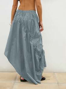 COUREZ 不对称褶皱长裙 / 女士夏季穿搭 Y2K 夏季下装 夏季外出穿搭 100%纯棉 - 藍色 - 查看 4