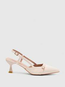 CUCCOO BIZCHIC 尖头小猫跟高跟鞋，米色时尚通勤百搭后带日常休闲办公室工作女鞋