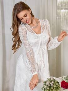 SHEIN 奢华蕾丝灯笼袖睡袍和纯色缎面连衣裙睡衣套装