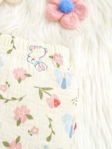 2件套柔软舒适100%纯棉新生儿可爱兔子和花朵印花Polo领短袖开衫上衣和图案裤家居服套装 - 杏色 - 查看 5