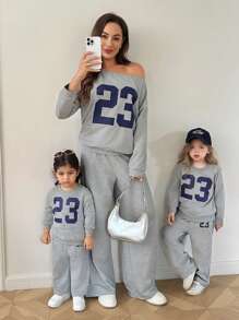 SHEIN Mommy And Me Matching Outfits(2 Sets  Are Sold Separately)Baby Girl Mommy&Me Number Printed Asymmetric Collar Long Sleeve Top & Pants Casual 2-Piece Set,Skin-Friendly And Soft Fabric To Protect Baby's Skin, Can Be Worn Indoors Or Outdoors, First Choice For Mothers Fall Winter - Grey - View 3