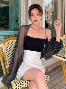 DAZY Solid Flounce Sleeve Top,Ruffle Sheer,Back To School Clothes - Black - View 7