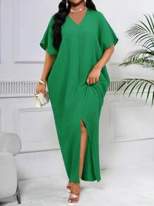 SHEIN Lady Spring And Summer Casual Green Woven Linen Notched Slit Batwing Sleeve Midi Tunic Dress Plus Size Dresses Vacation Outfits Woman Beach Outfits For Woman Beach Vacation Beach Dress Wedding Guest Dress Women Business Casual Woman Prom Dress