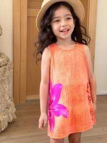 SHEIN Baby Girls' Sweet & Cute Tie-Dye Style Orange Dress, With Floral Pattern And 3D Bow Decor On Side, Distinctive Basic Daily Dress For Toddlers - Orange - View 4