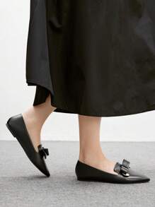 CUCCOO BIZCHIC Women's Pointed Toe Flat Black Bow Metal Buckle Comfortable Elegant Office Work Shoes