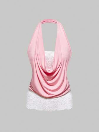 Goth Top senza maniche con fiocco al collo in stile Y2K, retrò punk, con contrasto di pizzo