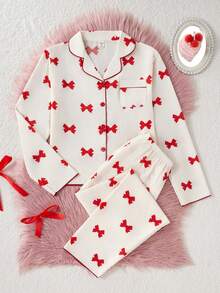 2pcs/Set Teen GirlApricot Butterfly Print Long Sleeve Cardigan And Long Pants Casual Comfortable Loungewear Bow Pajamas Cute Pajama Set Fall Winter - Apricot - View 3