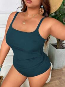 Swim Lushoire Traje de baño de talla grande tipo tankini con escote cuadrado básico - Verde Oscuro - Ver 3