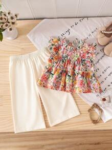 SHEIN 2pcs/Set Baby Girls' Mock Neck Ruffle Floral Print Cap Sleeve Embroidery Zip-Up Shirt & Elastic Waist Pants,Beige Summer Cute Vacation Holiday Outfit - Multicolor - View 4