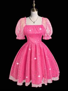 Sweetra 大码女式方领泡泡袖甜美闪亮公主风泡泡袖连衣裙 - 粉色 - 查看 1