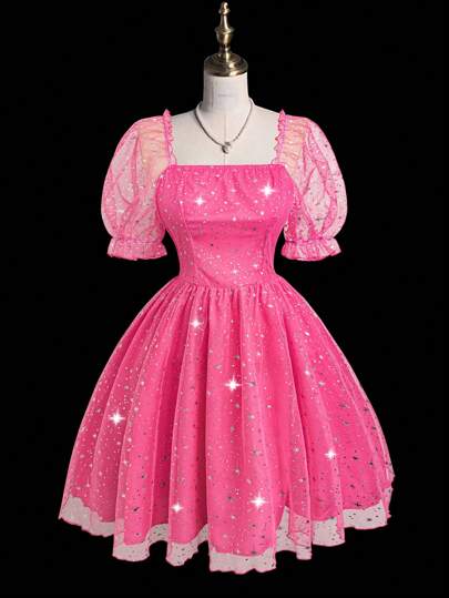Sweetra Party Plus Size Women Square Collar Puff Sleeve Sweet Sparkly Princess Style Puff Dress