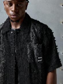 NEON BLANC Camisa de manga corta negra de estilo callejero tejida con parches, adecuada para el verano