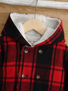 SHEIN 男小童格紋印花雙排釦毛絨襯裡連帽花呢外套