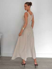 Siren Gaze Women's Elegant Grey Summer Linen Dress,Sleeveless U-Neck Pleated Tie-Cinched Waist Hollow Long Dress,Fashionable Casual Office Commuting Evening Wear - Apricot - View 2